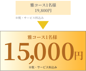 雅コース1名様19,800円を15,000円で1組様に！